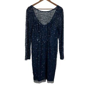 Papell Boutique Dress‎ 16 Navy Blue Sequin Sheath Sheer Long Sleeve Cocktail Zip